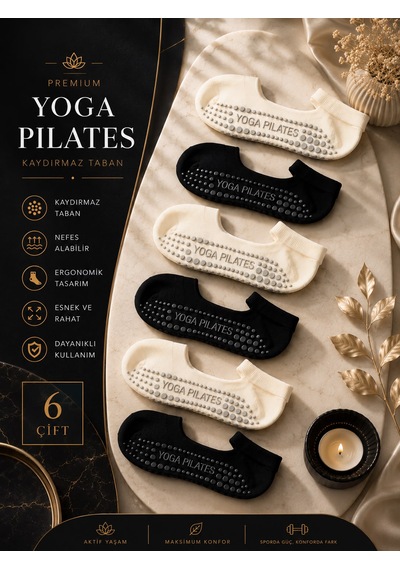 Çorap Vitrini 6'lı Paket Kaymaz Taban Pilates Çorabı - Siyah Ekru Patik Yoga Spor Çorabı Siyah - Ekru