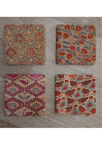 Osmanlı Kumaş Desenleri Doğal Taş Bardak Altlığı 4'lü Set - Natural Stone Coasters - Taş Çok Renkli