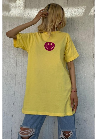 Madmext Sarı Baskılı Oversize Bisiklet Yaka Kadın Tişört-sarı Sarı