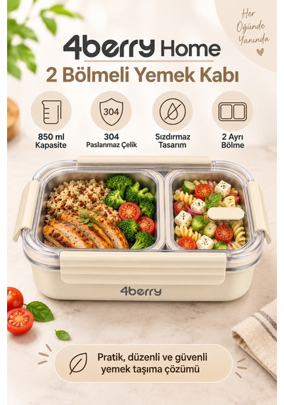 2 Bölmeli Termos Yemek Kabı 850 Ml, Paslanmaz Çelik, Sızdırmaz Kilitli, Şeffaf Kapaklı, Krem Rengi Krem-bej