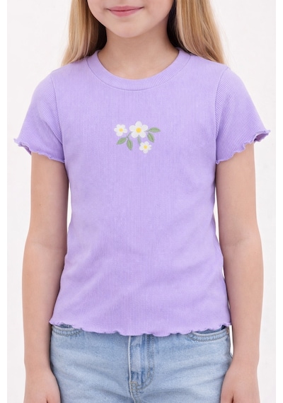 Monox 5-12 Yaş Kız Çocuk 3'lü Nakışlı Fitilli Tshirt Likralı Esnek Yazlık Body Set Lila Mint Gül