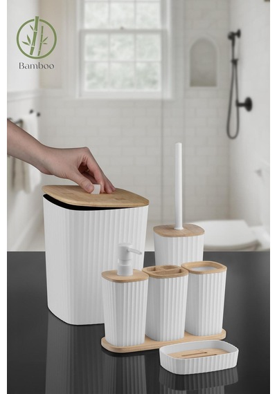 Duvara Yapışkanlı Gerçek Bambu Beyaz 6'lı Safir Banyo Seti Beyaz