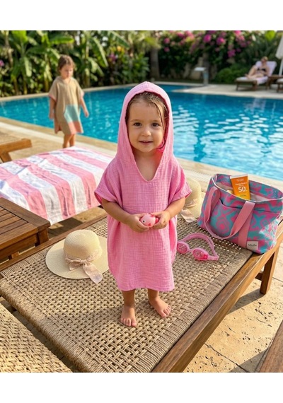 Müslin Kapüşonlu Pembe Deniz Havuz Plaj Panço 2-4 Yaş 2 - 4 Yaş
