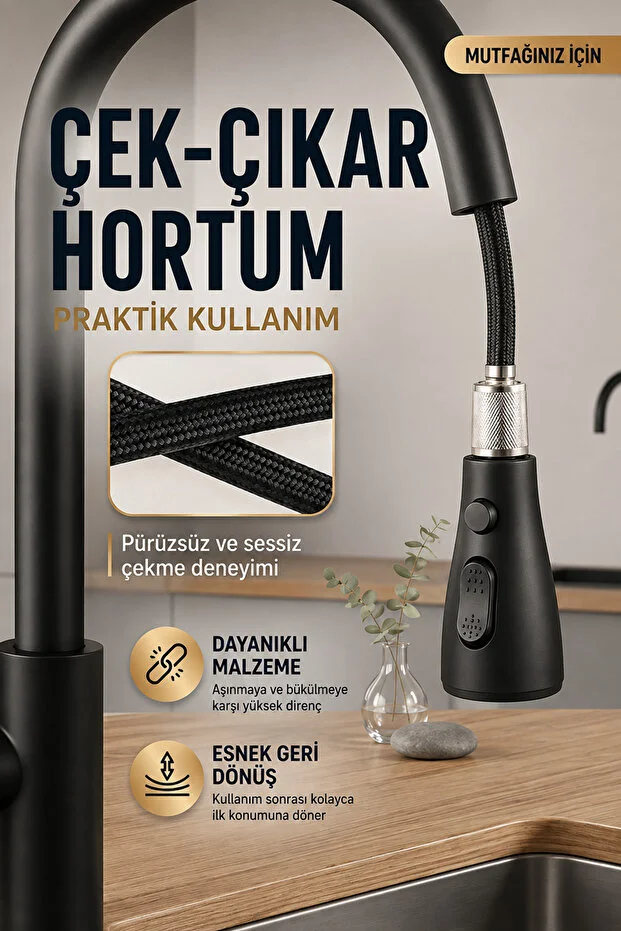 Mutfak Bataryası 3 Fonksiyonlu 360 Döner Uzatmalı Çekilebilir Başlıklı Evye Musluğu Siyah