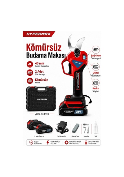 Çift Akülü 40 Mm Çelik Şanzuman Dijtal Göstergeli Şarjlı Dal Ağaç Kesme Bağ Budama Makası