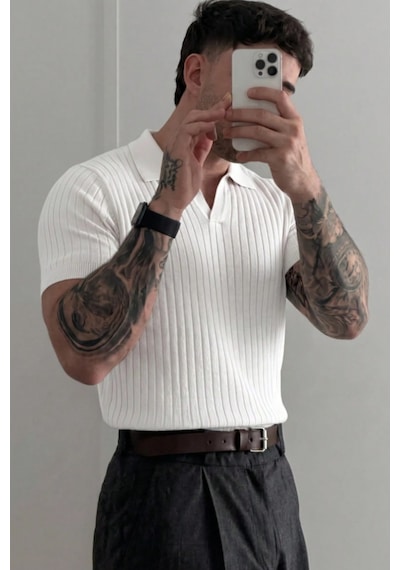 Tarz Cool Premium Fitilli Triko Polo Yaka Erkek Old Money T-shirt Beyaz