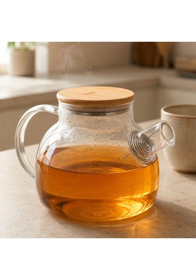 Bk Gift Isıya Dayanıklı Süzgeçli Cam Demlik, Bambu Kapaklı 1 Litre Çaydanlık