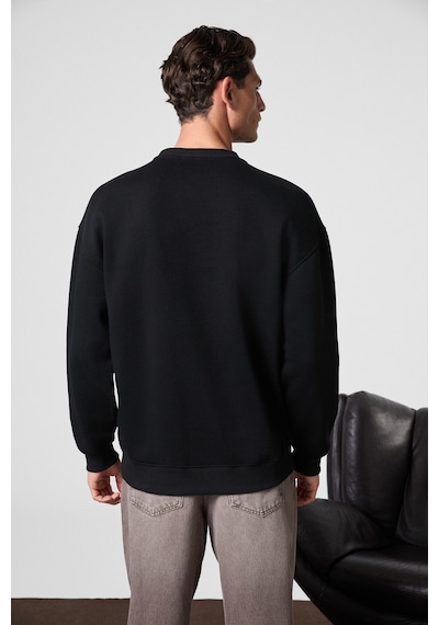 Grimelange Ernest Erkek Organik Pamuklu Yumuşacık Baskı Detaylı Bisiklet Yaka İçi Polarlı Siyah Sweatshirt