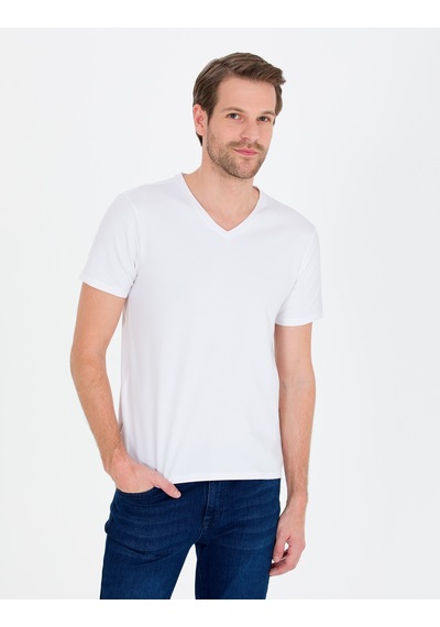 Pierre Cardin Beyaz Slim Fit V Yaka Basic Tişört