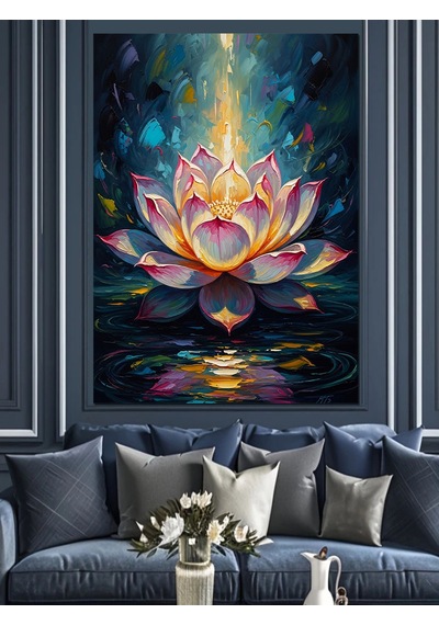 Ahşap Tablo Işıklı Pembe Lotus Çiçeği