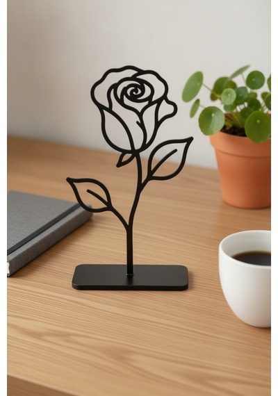 Metal Gül Masaüstü Obje Siyah Metal Dekoratif Masa Süsü Yükseklik: 18 Cm