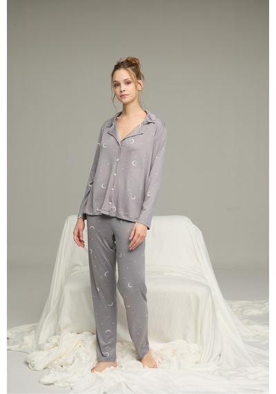 Siyah İnci Gömlek Yaka Düğmeli Milan Örme Pijama Takım25224034 Gri