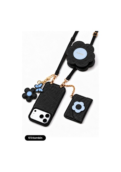 Hera Apple Uyumlu iPhone 18 Pro / 17 Pro Uyumlu Magsafe Cüzdan, Charm, Mini Çanta, Askı, Kılıf 5'li Siyah Set