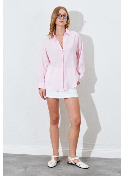 Manche Pudra Modal Soft Dokulu Yumuşak Gizli Pat Detaylı Oversize Kadın Gömlek Mks168262-01 Manche Pudra Modal Soft Dokulu Yumuşak Gizli Pat Detaylı Oversize Kadın Gömlek Mks168262-01