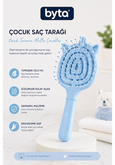 Çocuk Saç Tarağı Kedi Figürlü, Yumuşak Uçlu, Düğüm Açıcı Ergonomik Saç Fırçası Mavi