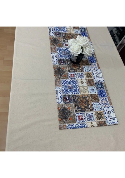 Etnik Desenli Runner, Duck Kumaş Runner, Su Ve Leke İtici Dayanıklı, Modern Tasarım 40x145 Cm Çok Renkli