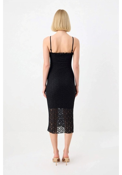Benerly Kadın Dantel Bodycon Midi Elbise İnce Askılı Kare Yaka Astarlı Ko Siyah
