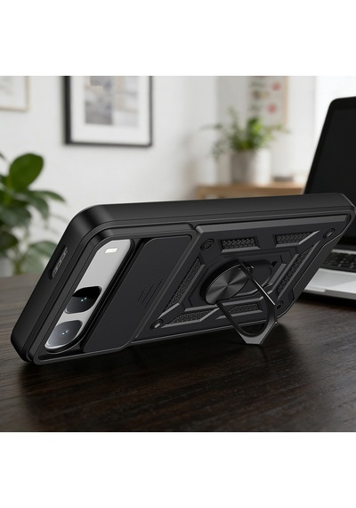 Tecno Spark 40 5g Kılıf Magnetik Standlı Kamera Korumalı Zore Sürgülü Vega Kapak - Siyah