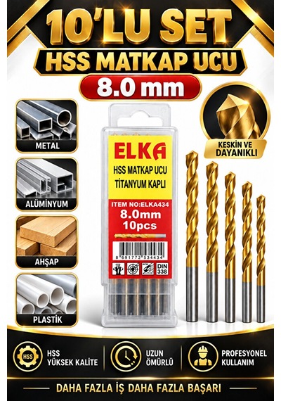 8 Mm Hss Titanyum Kaplı Matkap Ucu 10'lu Set Metal Alüminyum Ahşa