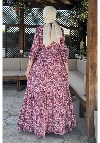 Rabia Şamlı Rengin Şal Desenli Gömlek Elbise Fuşya Normal