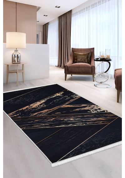 Dijidekor Halı Siyah Gold Cool Yıkanabilir Saçaklı Kesme İnce... Siyah