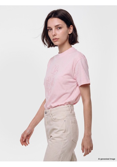 Lcw Modest Pembe Nakışlı %100 Pamuklu Kadın Tişört