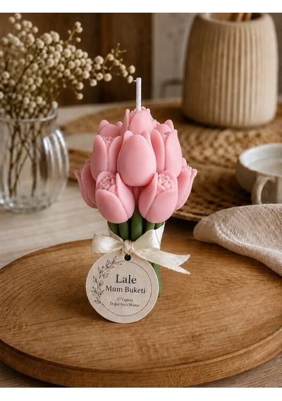 Mumelia Lale Buket - Doğal Soya Hediyelik Mum - Pembe - 15