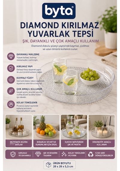 Diamond Kırılmaz Yuvarlak Servis Tepsisi 39 Cm Şeffaf Sunum Tepsisi İkram Kahvaltı Çay Kahve Servis Tepsisi Pet Şeffaf