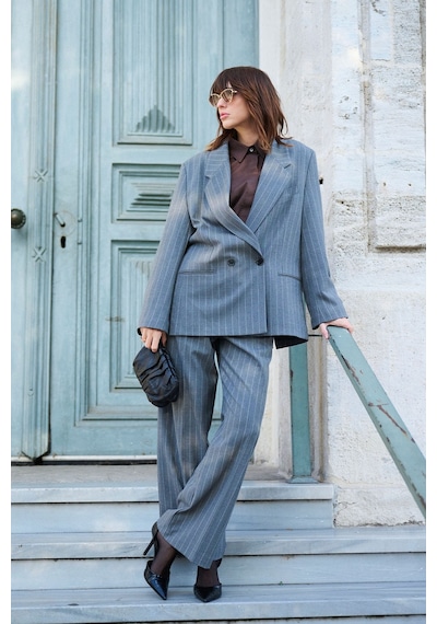 Antioch Kadın Çizgili Oversize Blazer Ceket Gri