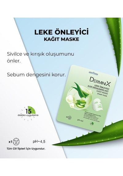 Derminix Aloe Vera & Amino Asit İçerikli Leke Önleyici Kağıt Yüz Maskesi
