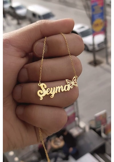 925 Ayar Gümüş 24 Ayar Altın Kaplama İsimli Kelebek Figürlü Kolye Gold