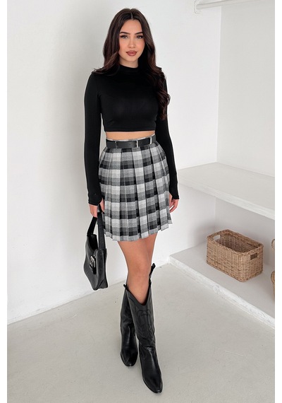 Kadın Pileli Ekose Mini Short Etek Grunge Charm Siyah