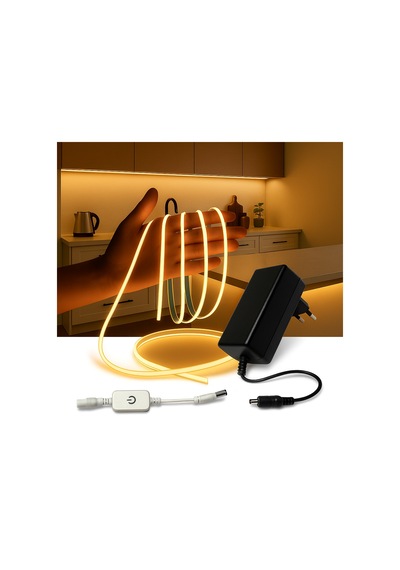 Cob Led Şerit 5m 12v Beyaz Işık 320led/m 8mm Ip20 Adaptör Ve Dokunmatik Tuş Dahil Yapışkanlı Aydınlatma Hortumu