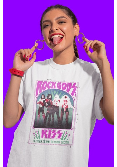 Sevbano Rock Metal Gods Efsane Müzik Grubu Kiss Baskılı Unisex Oversize T Beyaz