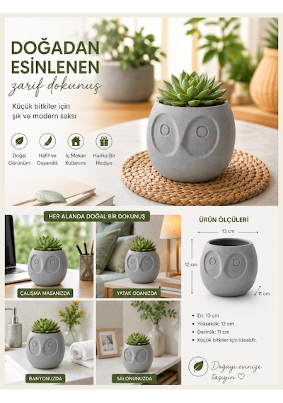 Dekoratif Baykuş Kafası Saksı-bitki,çiçek,kaktüs Ve Sukulent Saksısı-modern Tarz Saksı Gri