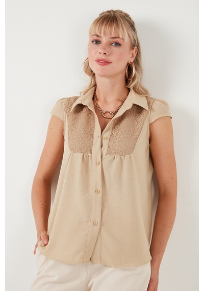 Lela Dantel Detaylı Kısa Kollu Regular Fit Bayan Gömlek 611Go0215 Taş