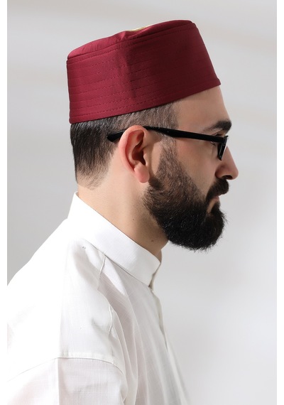 Bordo Kapitone Elif Vav Nakışlı Kalıp Namaz Takkesi Bordo