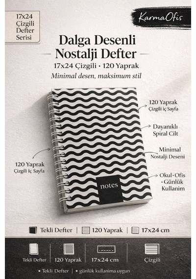 4'lü Spiral Çizgili Defter Seti 17x24 Cm 120 Yp Nostalji Desenli Okul Ofis Defteri
