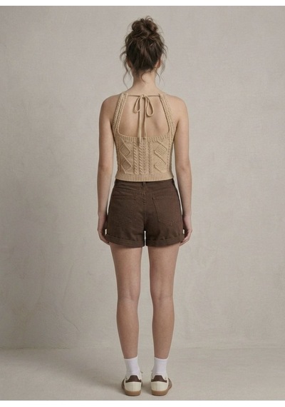 Neden Tekstil Kadın Triko Örme Halter Yaka Crop Bluz - Bej