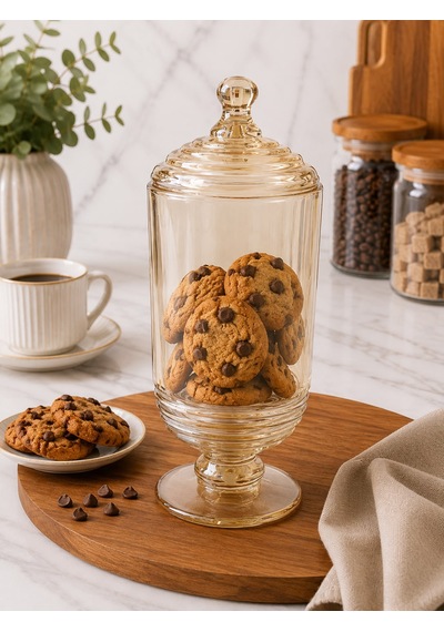 Chacha Home Halkalı Cam Kapaklı Ayaklı Drajellik & Şekerlik 780 Ml - 24 Cm Bal Rengi