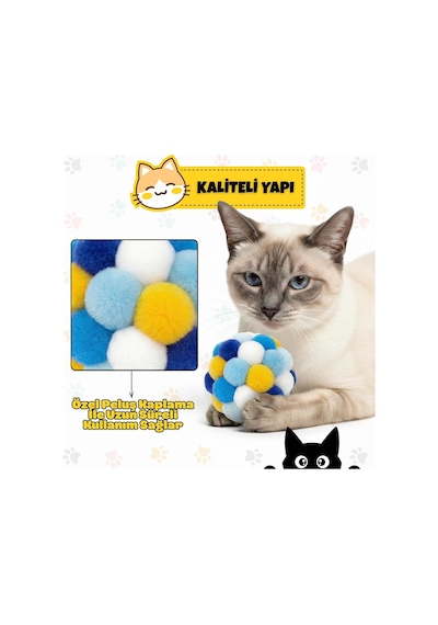 Orletz Çıngıraklı Ponpon Kedi Oyuncağı - Renkli İnteraktif Peluş Top - Zilli Yuvarlanan Kedi Topu - Çiğneme Ve