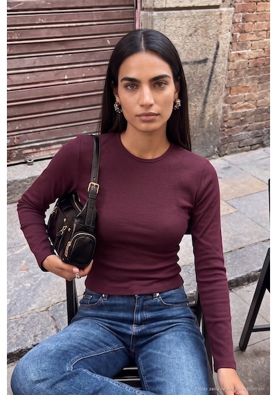 Lela Pamuklu Bisiklet Yaka Crop Bluz Kadın Bluz 5867060 Mürdüm