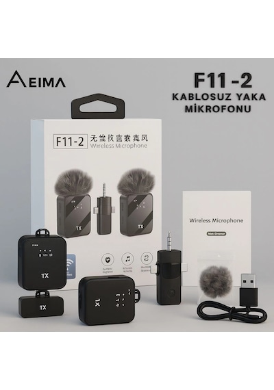 Eıma F11-2 Çiftli Kablosuz Yaka Mikrofonu 2 Li Tx Gürültü Engelleyici Video & Canlı Yayın