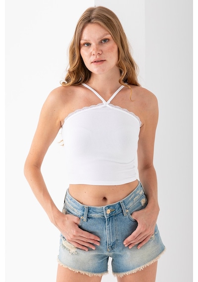 Giysa Kadın Çapraz Askılı Dantel Detaylı Crop Body Beyaz - Ms0000309 Beyaz