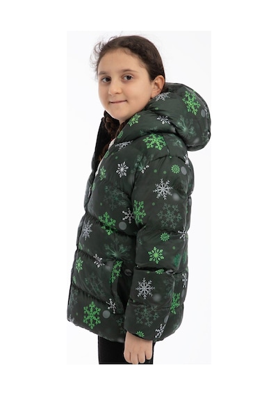 Spor Kız Çocuk Dijital Desen Polar Su Ve Rüzgar Geçirmez Kapüşonlu Şişme Kışlık Mont-199 YESIL