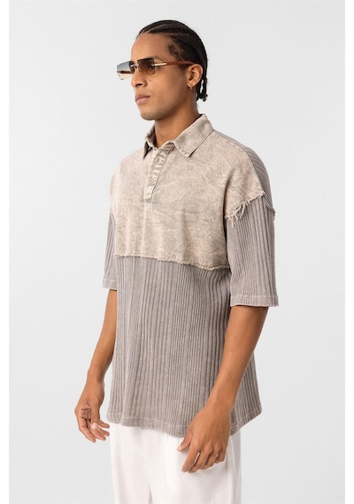 Vamos Yıkamalı Triko Oversize Polo Yaka Tişört V70-53 Taş