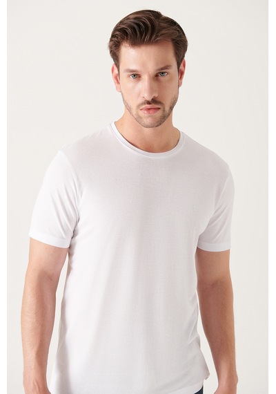 Avva Erkek Beyaz Ultrasoft Bisiklet Yaka Düz Standart Fit Normal Kesim Modal T-Shirt B001171 Beyaz