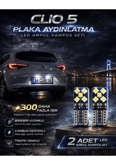 Renault Clio 5 Led Plaka Aydınlatma Beyaz Canbus Hatasız Tak Çalıştır 2 Adet