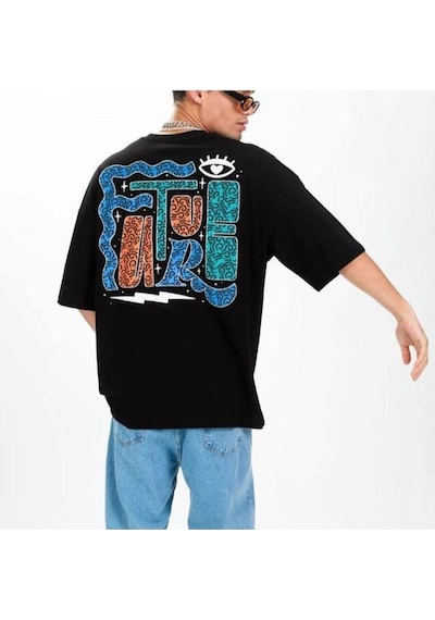 Flood Of Style Erkek Siyah Future Baskılı Oversize Bisiklet Yaka Tshirt