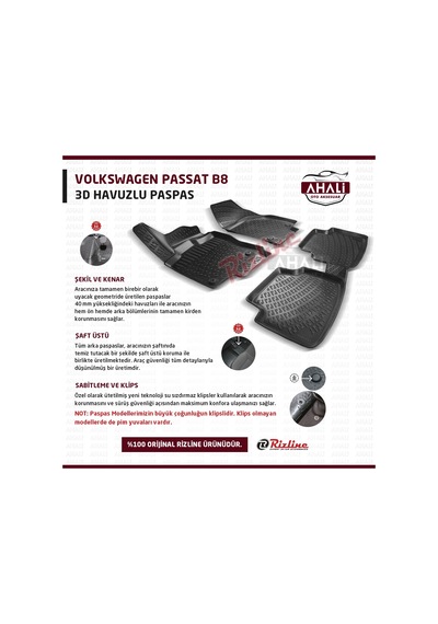 Rizline Volkswagen Passat B8 3D Havuzlu Paspas +Araç Kokusu